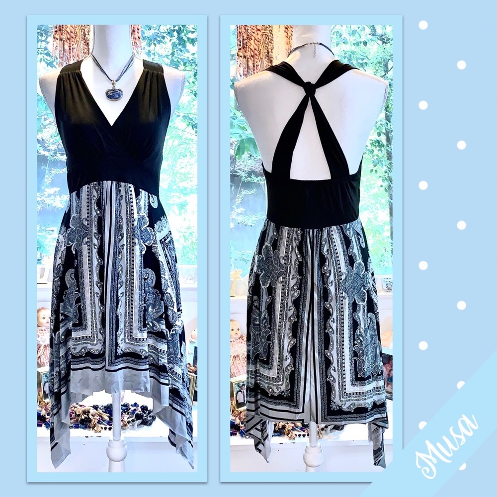 Vintage Musa Boho Paisley Midi Dress in Black with Silvery Grey & Blue Grey